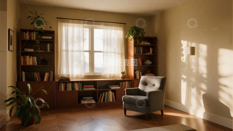 高清大图下载【趣麦麦图】阳光洒入书房角落书架与扶手椅相伴