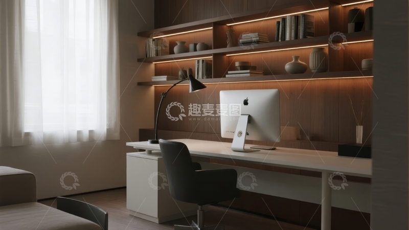 高清大图下载【趣麦麦图】现代简约风格的书房角落配备电脑和书架