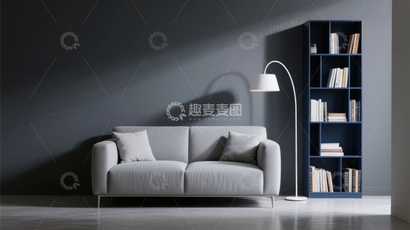 高清大图下载【趣麦麦图】现代简约风格客厅沙发与书架组合
