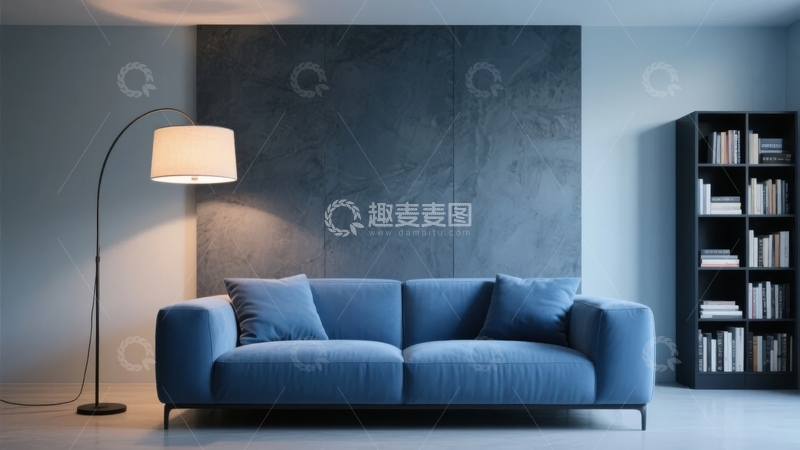 高清大图下载【趣麦麦图】现代简约风格客厅蓝色沙发与落地灯