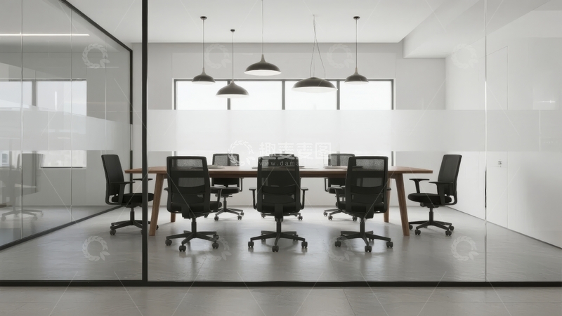 高清大图下载【趣麦麦图】现代办公室会议室配备黑色办公椅和木质长桌