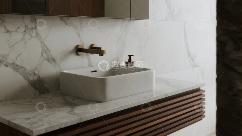 高清大图下载【趣麦麦图】现代浴室中的大理石台面洗手盆及金属水龙头