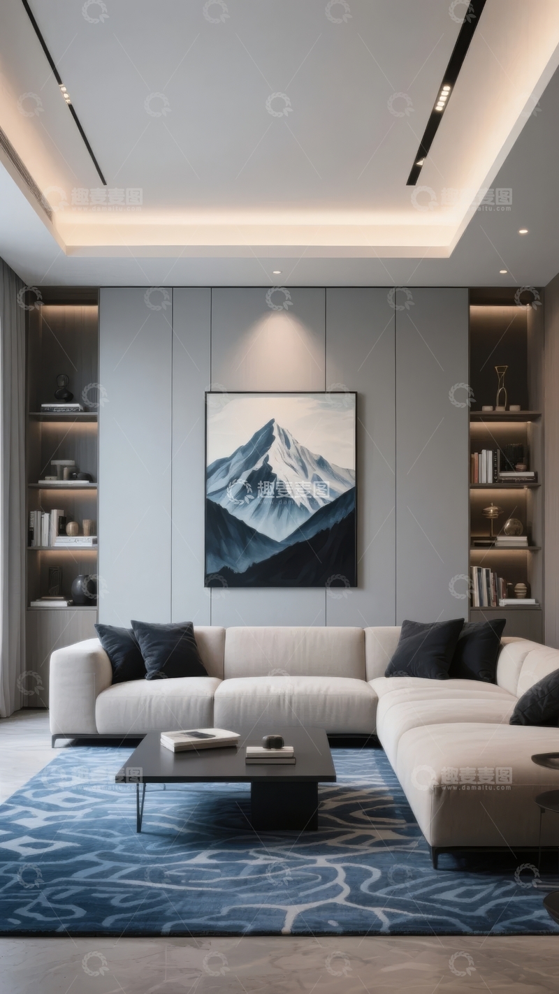 高清大图下载【趣麦麦图】现代简约客厅设计以雪山画作和木质家具为特色