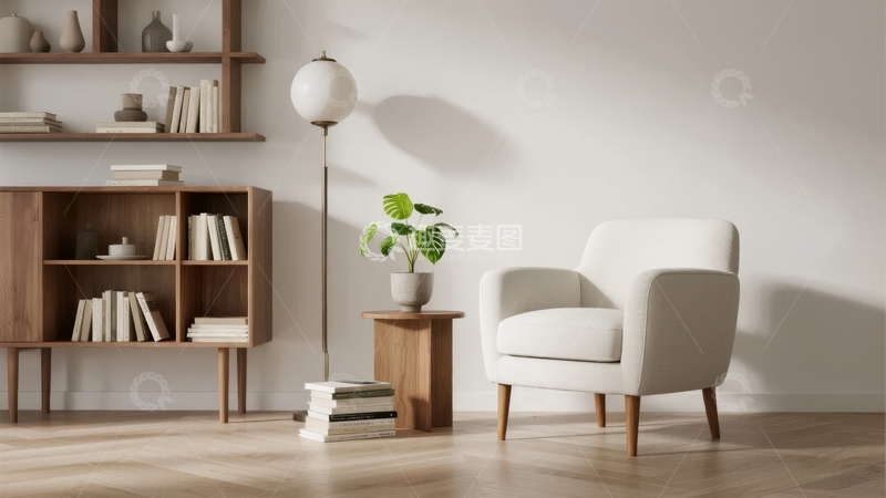 高清大图下载【趣麦麦图】现代简约风格客厅一角摆放着书架和扶手椅