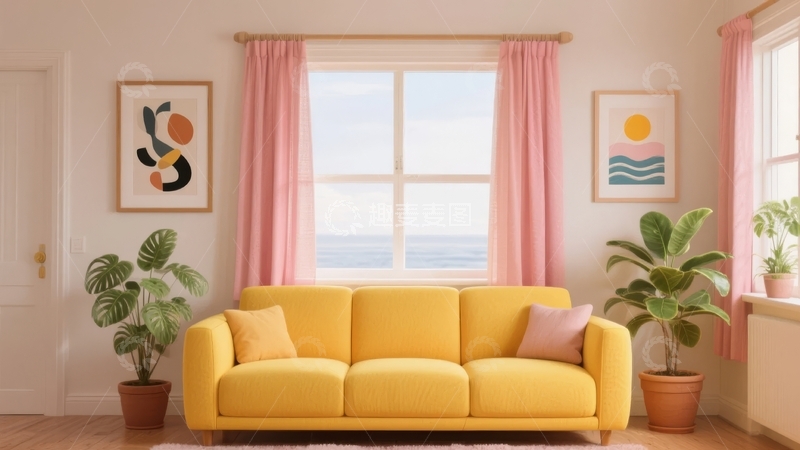 高清大图下载【趣麦麦图】明亮客厅内黄色沙发搭配粉色窗帘和绿植装饰