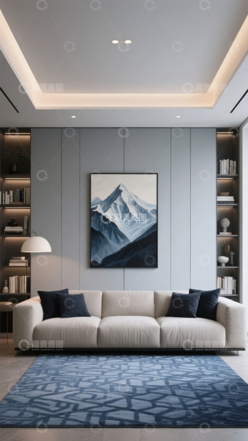 高清大图下载【趣麦麦图】现代简约客厅设计墙面挂画沙发书架组合