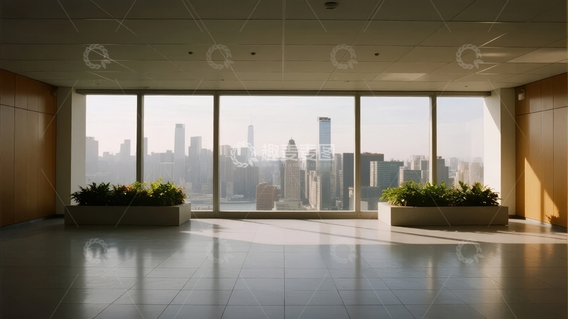 高清大图下载【趣麦麦图】现代办公室内景透过大窗俯瞰城市天际线