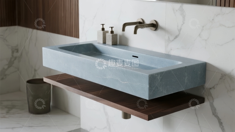 高清大图下载【趣麦麦图】现代浴室中的蓝色大理石洗手盆与木质台面