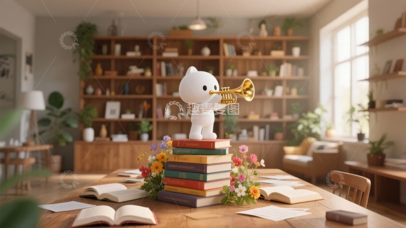 高清大图下载【趣麦麦图】卡通猫吹奏小号坐在书堆上室内场景