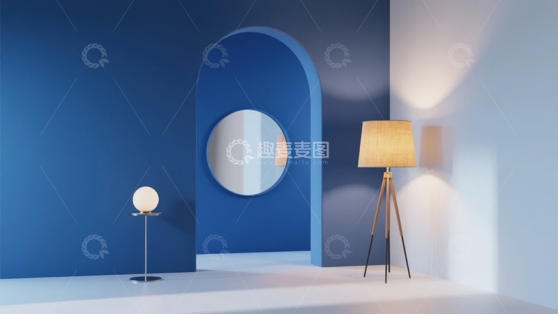 高清大图下载【趣麦麦图】现代简约风格室内空间蓝色拱形墙与圆形镜子装饰