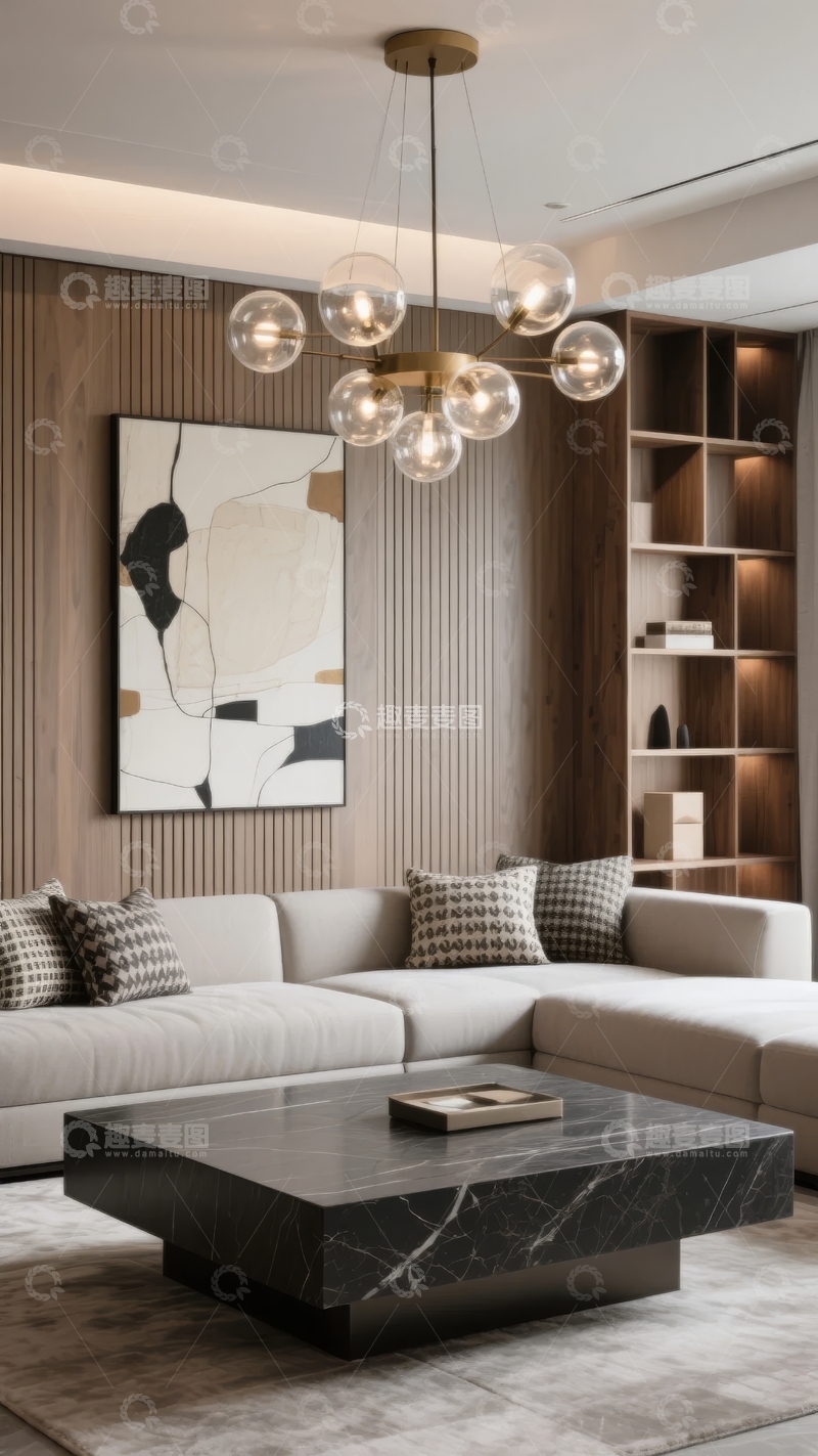 高清大图下载【趣麦麦图】现代客厅装饰以抽象画和球形吊灯为特色