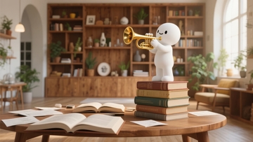 书桌上的小人吹奏金色喇叭周围散落着书籍