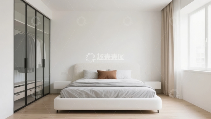 高清大图下载【趣麦麦图】现代简约风格卧室设计白色床具与大面积窗户