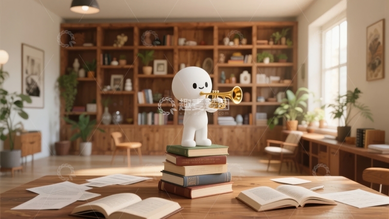 高清大图下载【趣麦麦图】卡通人物吹奏金色小号坐在书堆上