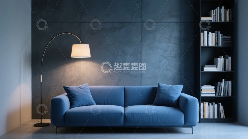 高清大图下载【趣麦麦图】现代简约风格蓝色沙发与落地灯的客厅角落