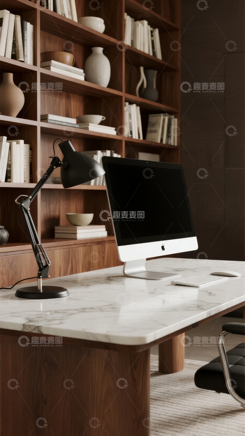 高清大图下载【趣麦麦图】现代书房内书架旁的办公桌与电脑