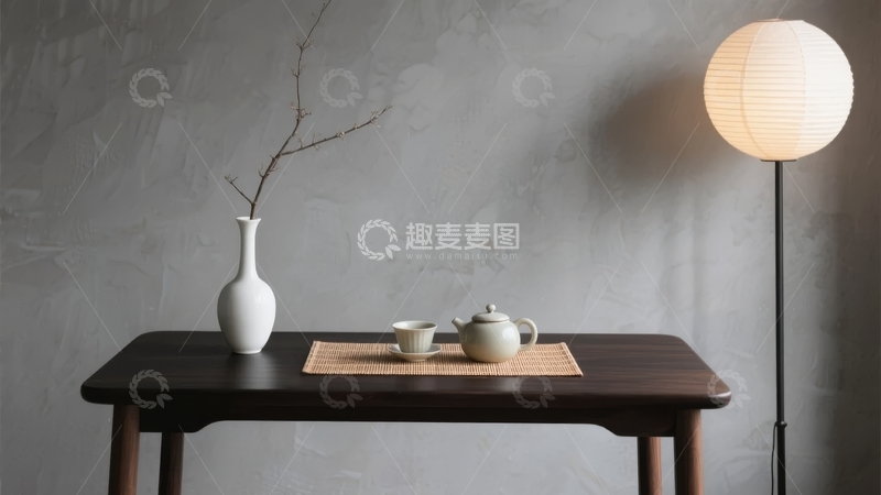 高清大图下载【趣麦麦图】简约风格茶几上摆放着花瓶和茶具