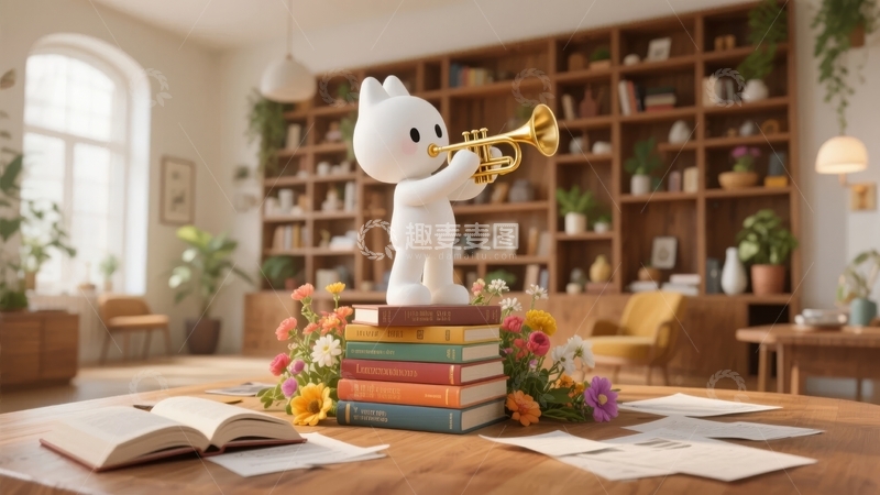 高清大图下载【趣麦麦图】卡通兔子吹奏小号坐在书堆上