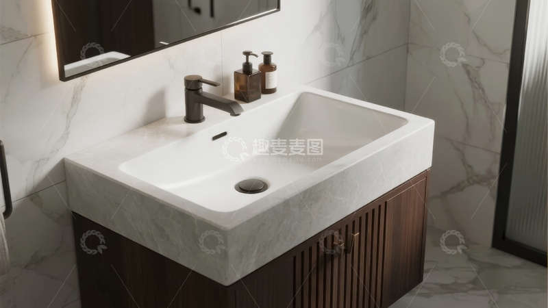 高清大图下载【趣麦麦图】现代浴室中的白色台盆与大理石墙面