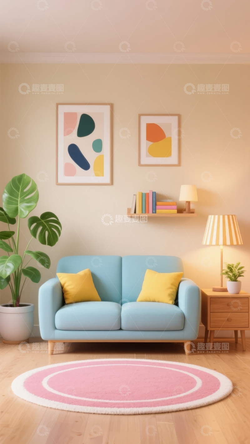 高清大图下载【趣麦麦图】现代简约风格客厅布置蓝色沙发黄色抱枕