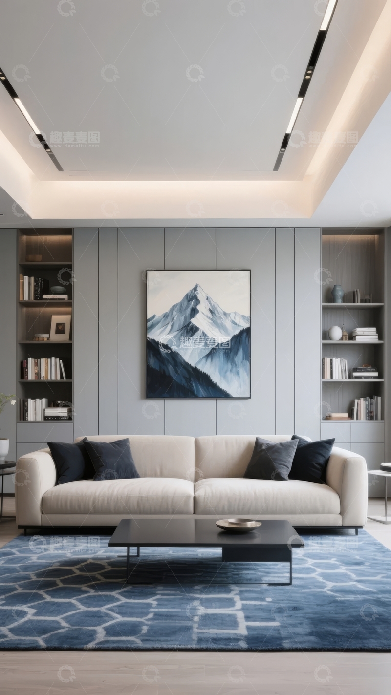 高清大图下载【趣麦麦图】现代简约客厅设计以雪山画为视觉焦点