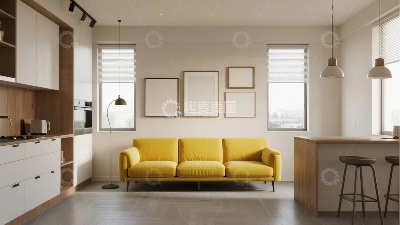 高清大图下载【趣麦麦图】现代简约风格客厅厨房一体设计