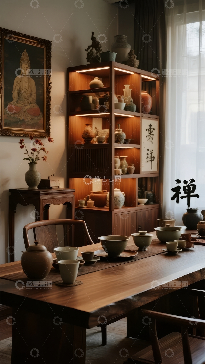 禅意茶室陈设展示传统陶瓷与佛像装饰