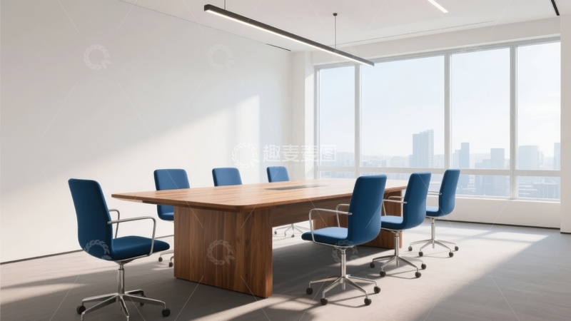 高清大图下载【趣麦麦图】现代会议室配备木质长桌和蓝色办公椅