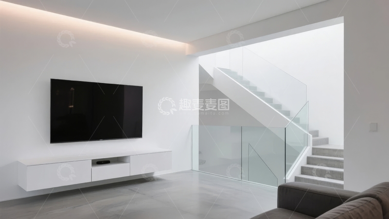 高清大图下载【趣麦麦图】现代简约风格客厅内设楼梯与电视柜