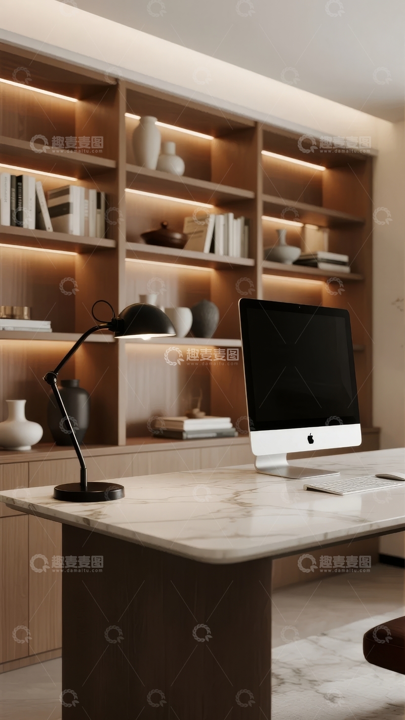 高清大图下载【趣麦麦图】-现代书房内书架与电脑桌面的温馨布置