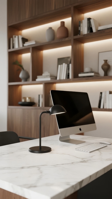 现代简约风格办公桌与木质书架组合