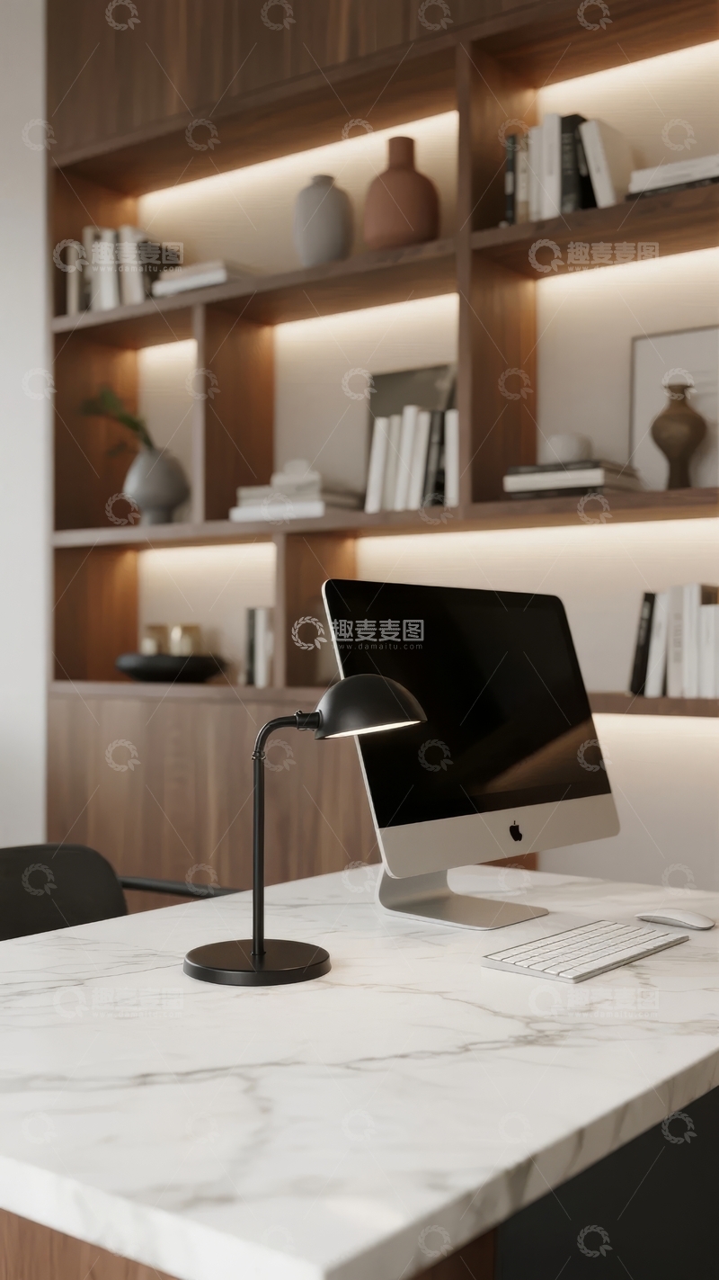 高清大图下载【趣麦麦图】现代简约风格办公桌与木质书架组合