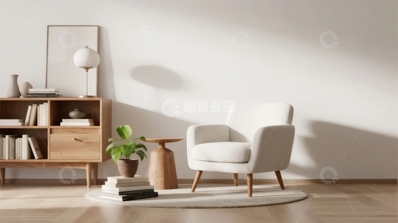高清大图下载【趣麦麦图】简约风格客厅一角摆放着白色扶手椅和木质书架