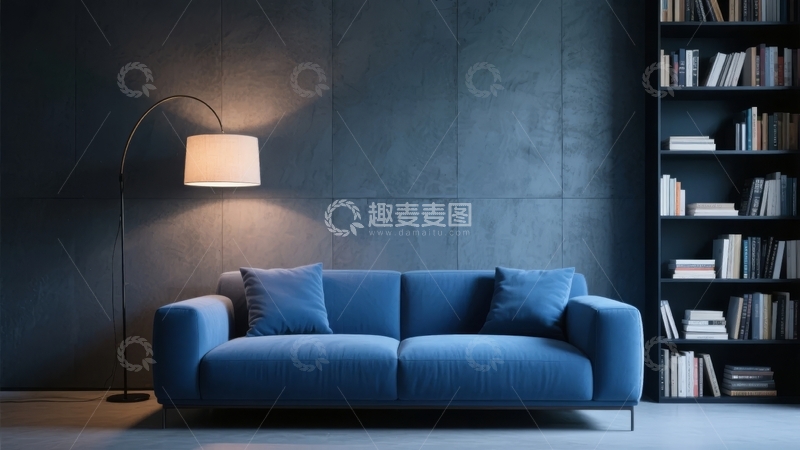 高清大图下载【趣麦麦图】蓝色沙发配落地灯的现代简约客厅