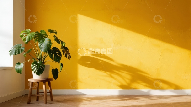 高清大图下载【趣麦麦图】黄色墙壁旁的绿植在阳光下投下阴影