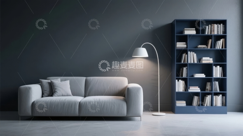 高清大图下载【趣麦麦图】现代简约风格客厅沙发与书架组合