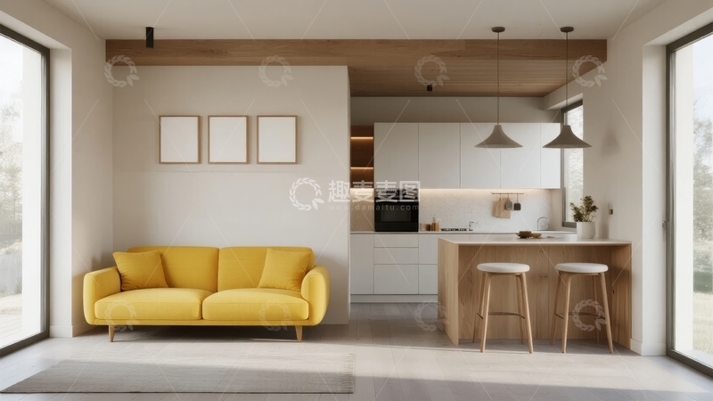 高清大图下载【趣麦麦图】现代简约风格客厅与厨房开放式设计