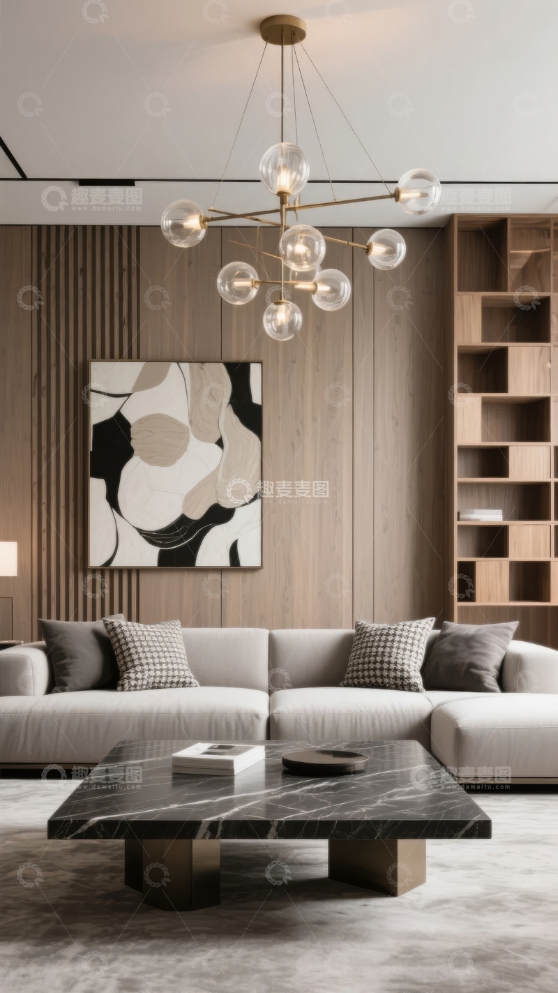 高清大图下载【趣麦麦图】现代客厅装饰以抽象画和吊灯为特色