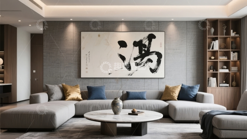 高清大图下载【趣麦麦图】现代简约风格客厅装饰以书法艺术画为背景