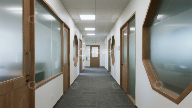 高清大图下载【趣麦麦图】现代办公室走廊两侧为玻璃门和木质装饰