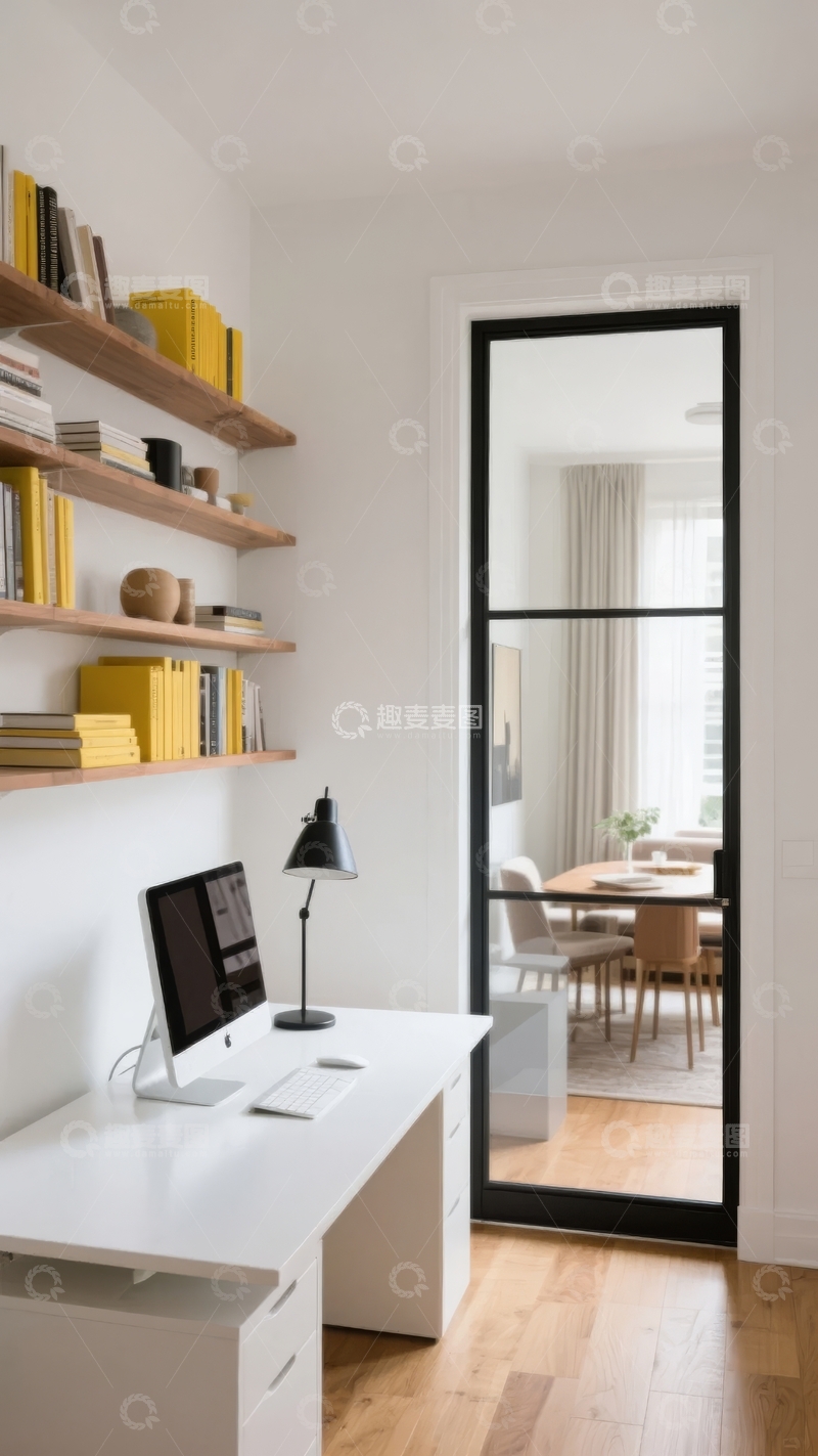 高清大图下载【趣麦麦图】现代简约风格的室内书房与餐厅相连
