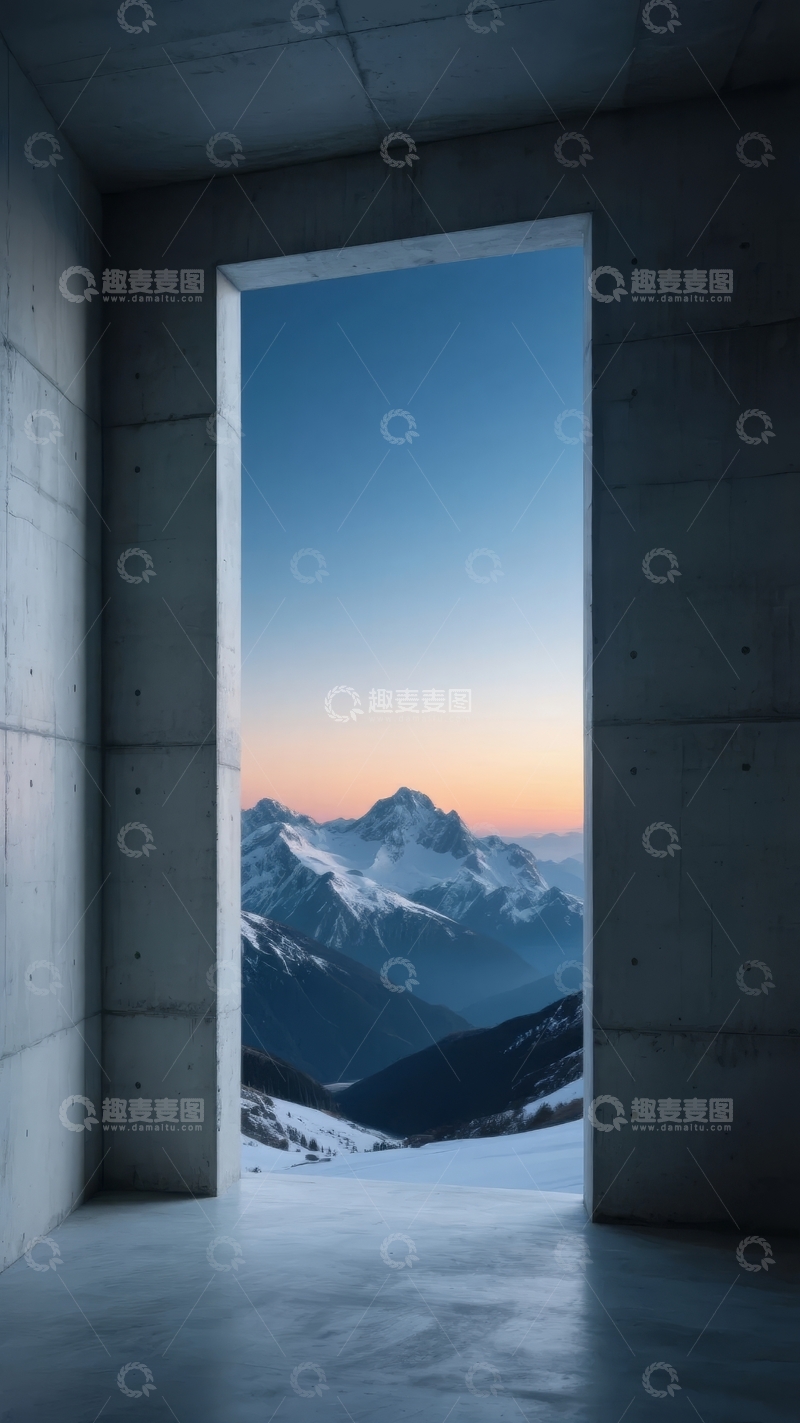 高清大图下载【趣麦麦图】混凝土门框外的雪山日落景观