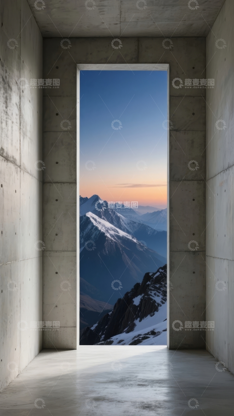 高清大图下载【趣麦麦图】混凝土门廊外的壮丽山景与日出