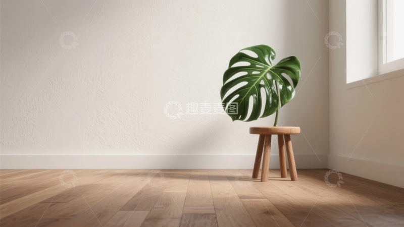 高清大图下载【趣麦麦图】室内角落摆放着绿植和木凳的简约场景