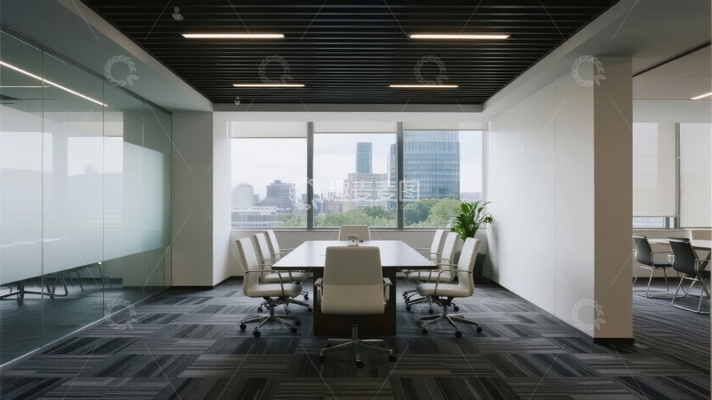 现代办公室会议室配备长桌和城市景观窗户