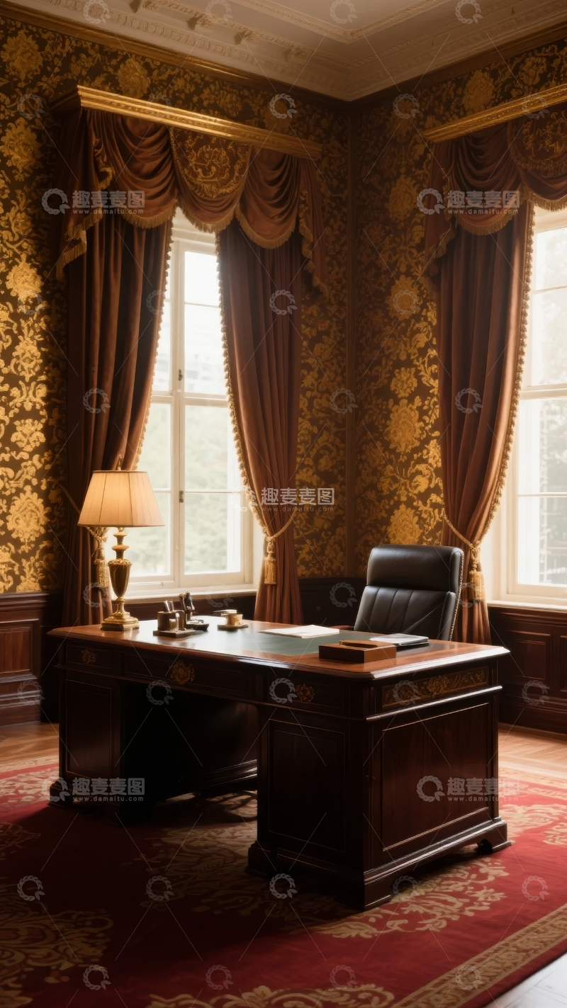 高清大图下载【趣麦麦图】典雅复古风格办公室内景装饰精美窗帘与家具