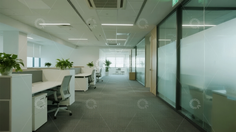 高清大图下载【趣麦麦图】现代办公室走廊配备开放式工位和磨砂玻璃隔断