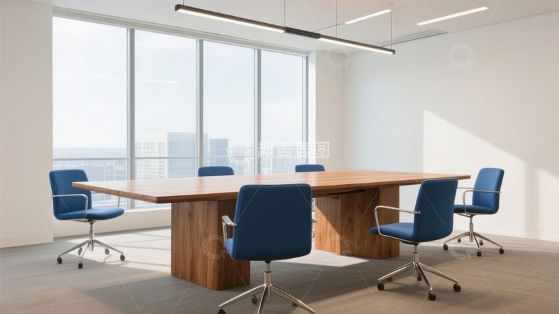 高清大图下载【趣麦麦图】现代会议室配备蓝色椅子和木质长桌