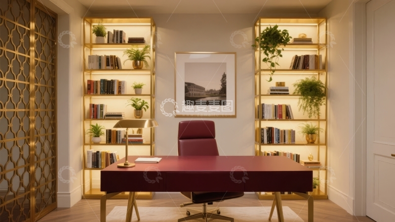 高清大图下载【趣麦麦图】现代书房内红色书桌与金色书架组合