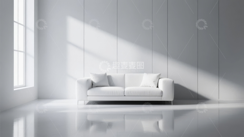 高清大图下载【趣麦麦图】明亮室内空间中的简约白色沙发与光影效果